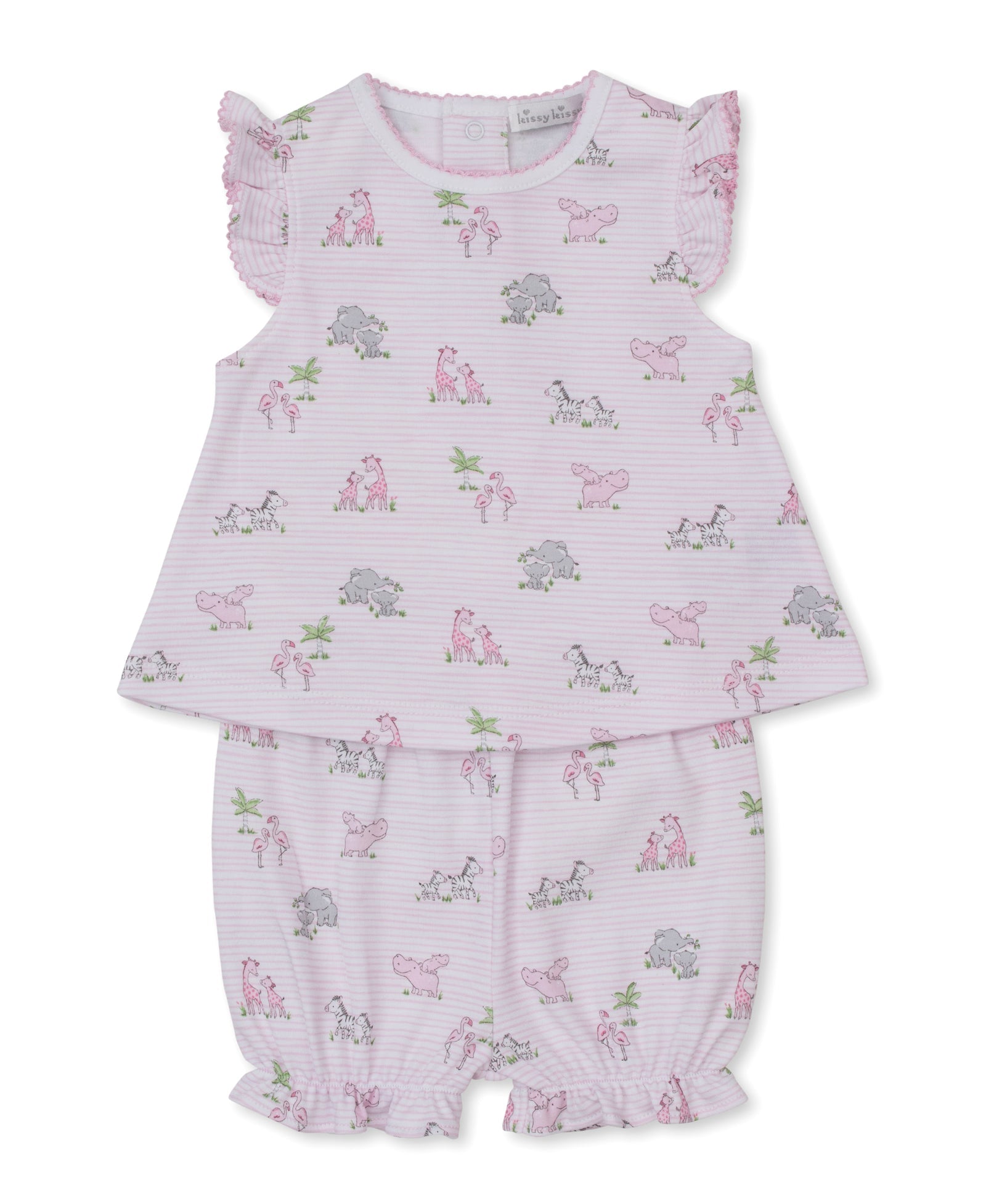 The Kissy Kissy Baby Girls’ Safari Party Sunsuit Set features pink and white stripes with ruffled sleeves and coordinating shorts, adorned with a charming safari party print of elephants, giraffes, hippos, and zebras.