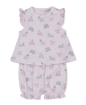 The Kissy Kissy Baby Girls’ Safari Party Sunsuit Set features pink and white stripes with ruffled sleeves and coordinating shorts, adorned with a charming safari party print of elephants, giraffes, hippos, and zebras.