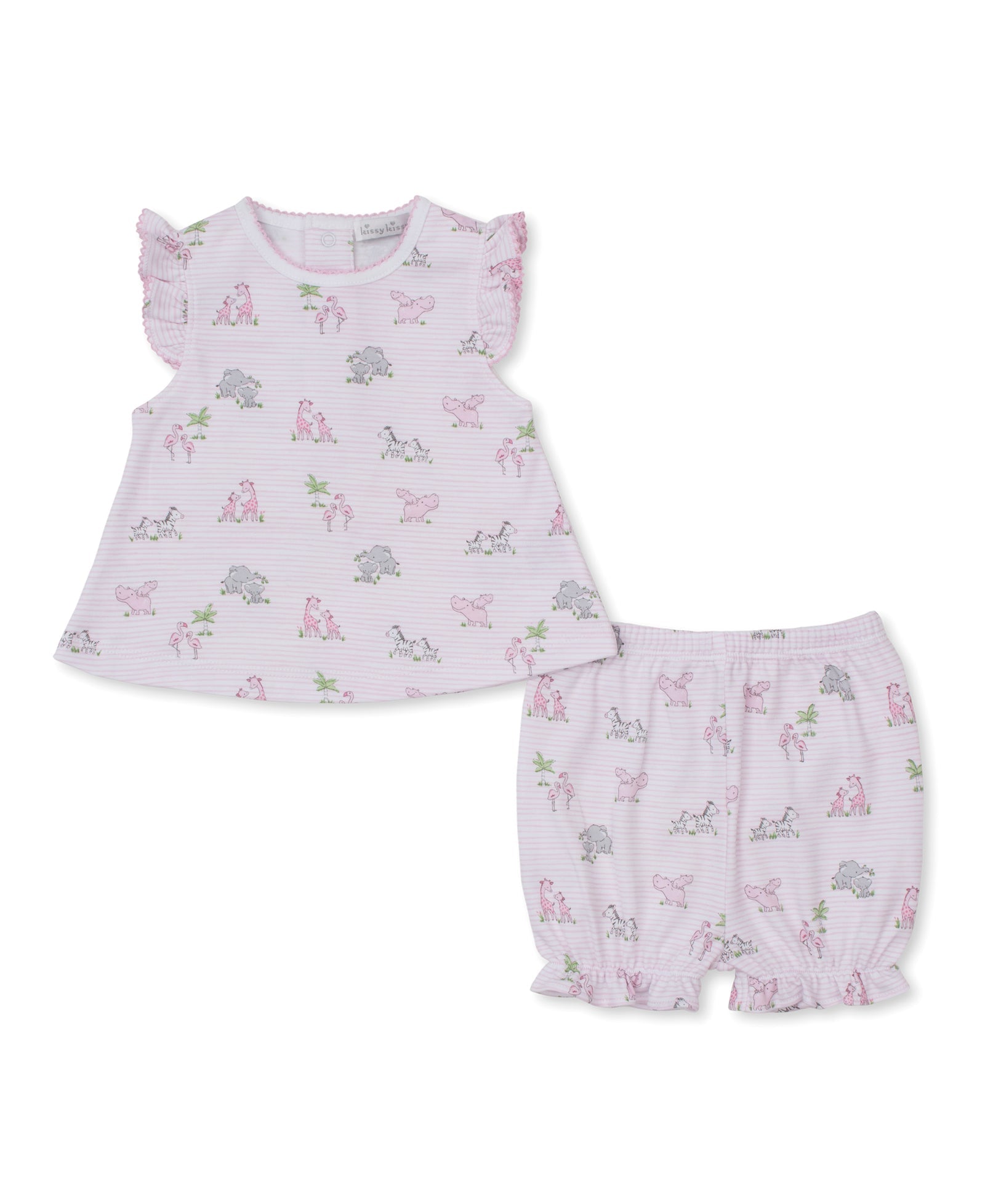 The Kissy Kissy Baby Girls’ Safari Party Sunsuit Set includes a sleeveless ruffled top and matching bloomers, both made from soft Pima cotton and adorned with pastel safari party animal prints on a light background.