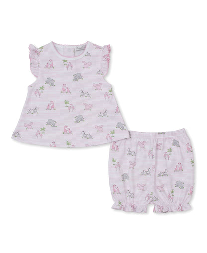 The Kissy Kissy Baby Girls’ Safari Party Sunsuit Set includes a sleeveless ruffled top and matching bloomers, both made from soft Pima cotton and adorned with pastel safari party animal prints on a light background.