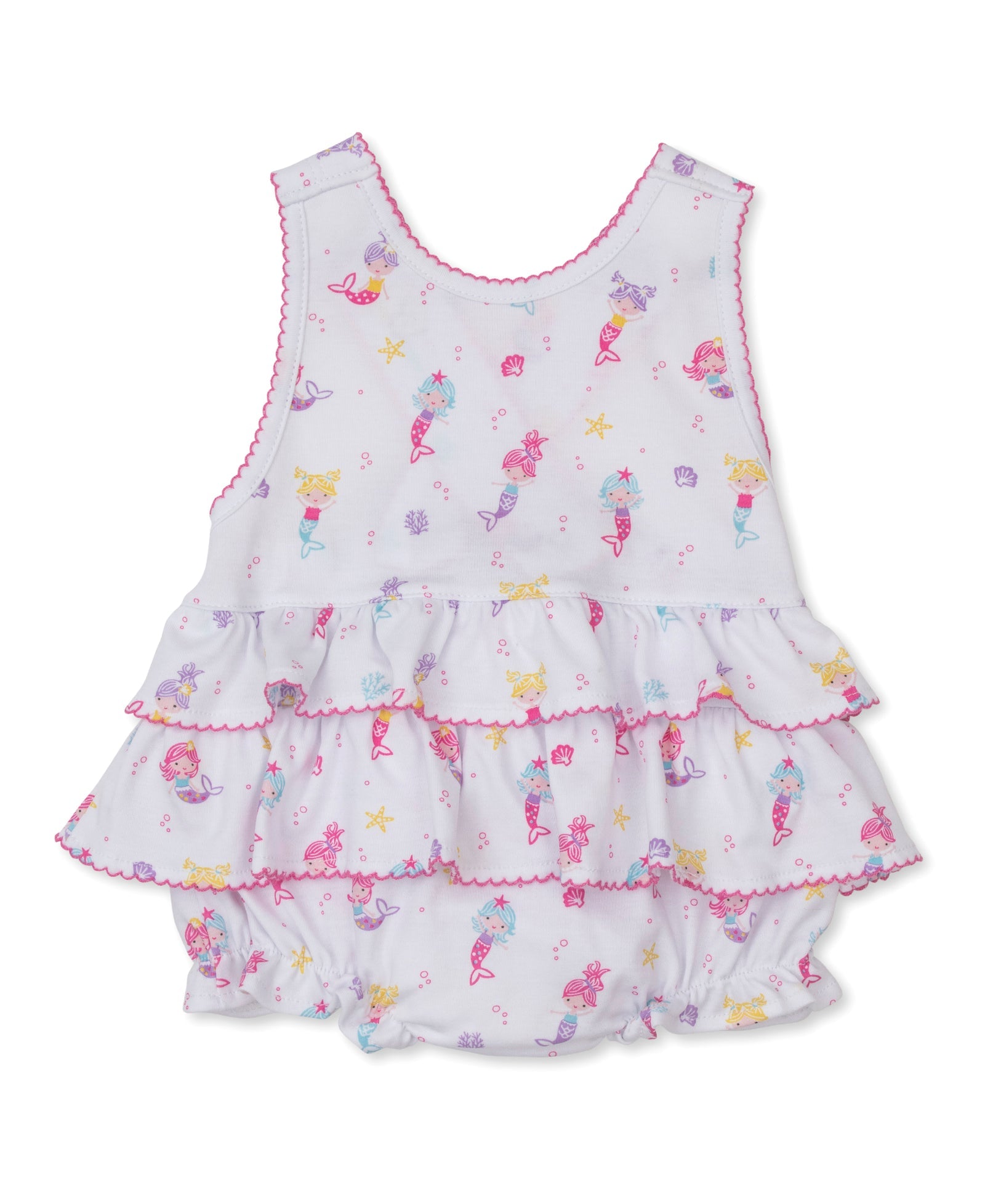 Discover the Baby Girls' Underwater Mermaids Bubble by Kissy Kissy—a white Pima cotton romper featuring pink trim, ruffle layers, and a vibrant mermaids print accented with delightful sea-themed details.