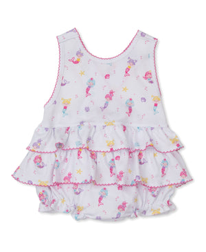 Discover the Baby Girls' Underwater Mermaids Bubble by Kissy Kissy—a white Pima cotton romper featuring pink trim, ruffle layers, and a vibrant mermaids print accented with delightful sea-themed details.