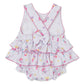 The Kissy Kissy Baby Girls' Underwater Mermaids Bubble is a white romper crafted from soft Pima cotton, featuring playful ruffled layers with pink trim, colorful cartoon mermaid prints, crisscross straps, and an adorable bow on the front.