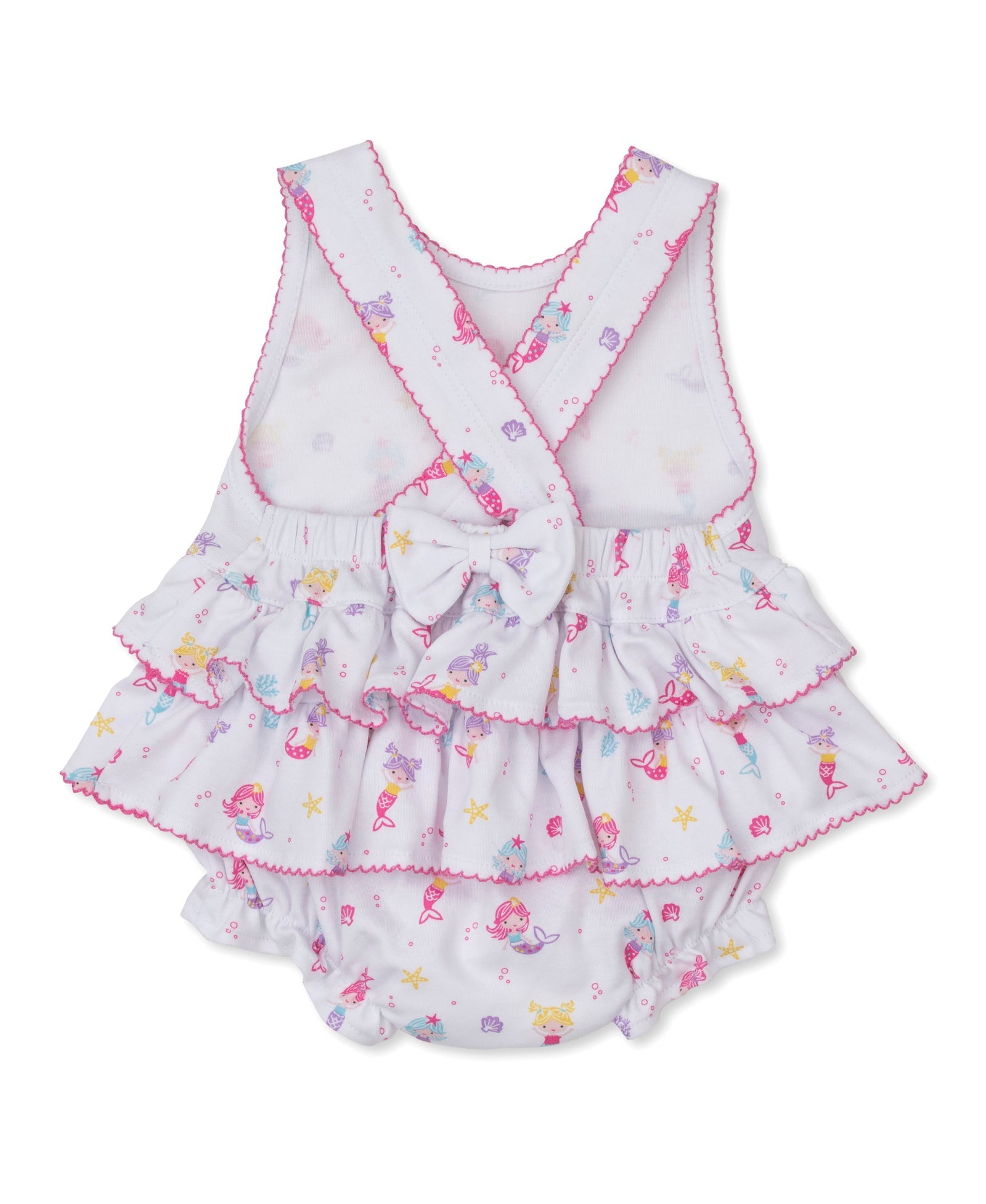 The Kissy Kissy Baby Girls' Underwater Mermaids Bubble is a white romper crafted from soft Pima cotton, featuring playful ruffled layers with pink trim, colorful cartoon mermaid prints, crisscross straps, and an adorable bow on the front.