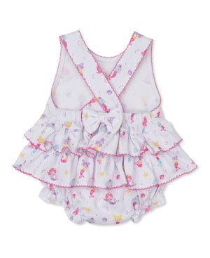 The Kissy Kissy Baby Girls' Underwater Mermaids Bubble is a white romper crafted from soft Pima cotton, featuring playful ruffled layers with pink trim, colorful cartoon mermaid prints, crisscross straps, and an adorable bow on the front.
