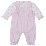 The Kissy Kissy Baby Teddy Bear Time Overall Set features a pink romper with ruffled cuffs layered over a soft white pima cotton bodysuit adorned with a sweet teddy bear print.