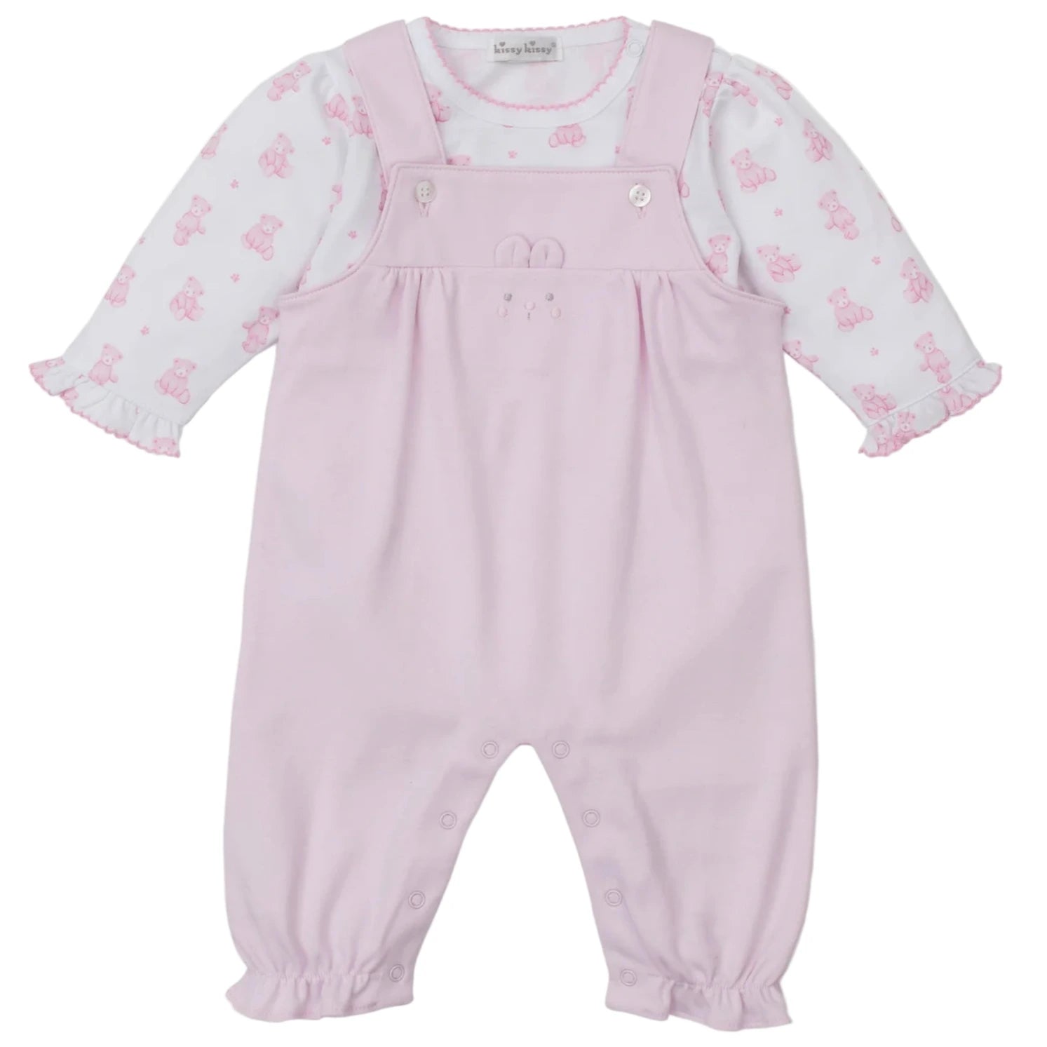 The Kissy Kissy Baby Teddy Bear Time Overall Set features a pink romper with ruffled cuffs layered over a soft white pima cotton bodysuit adorned with a sweet teddy bear print.