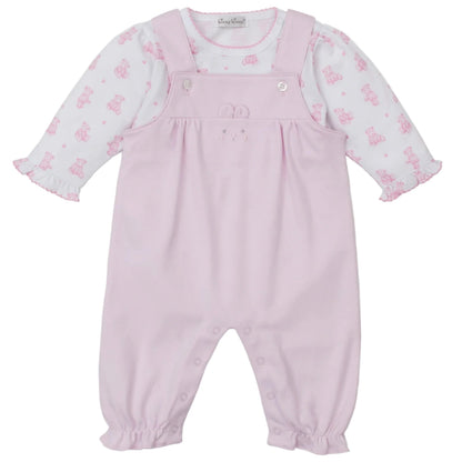 The Kissy Kissy Baby Teddy Bear Time Overall Set features a pink romper with ruffled cuffs layered over a soft white pima cotton bodysuit adorned with a sweet teddy bear print.