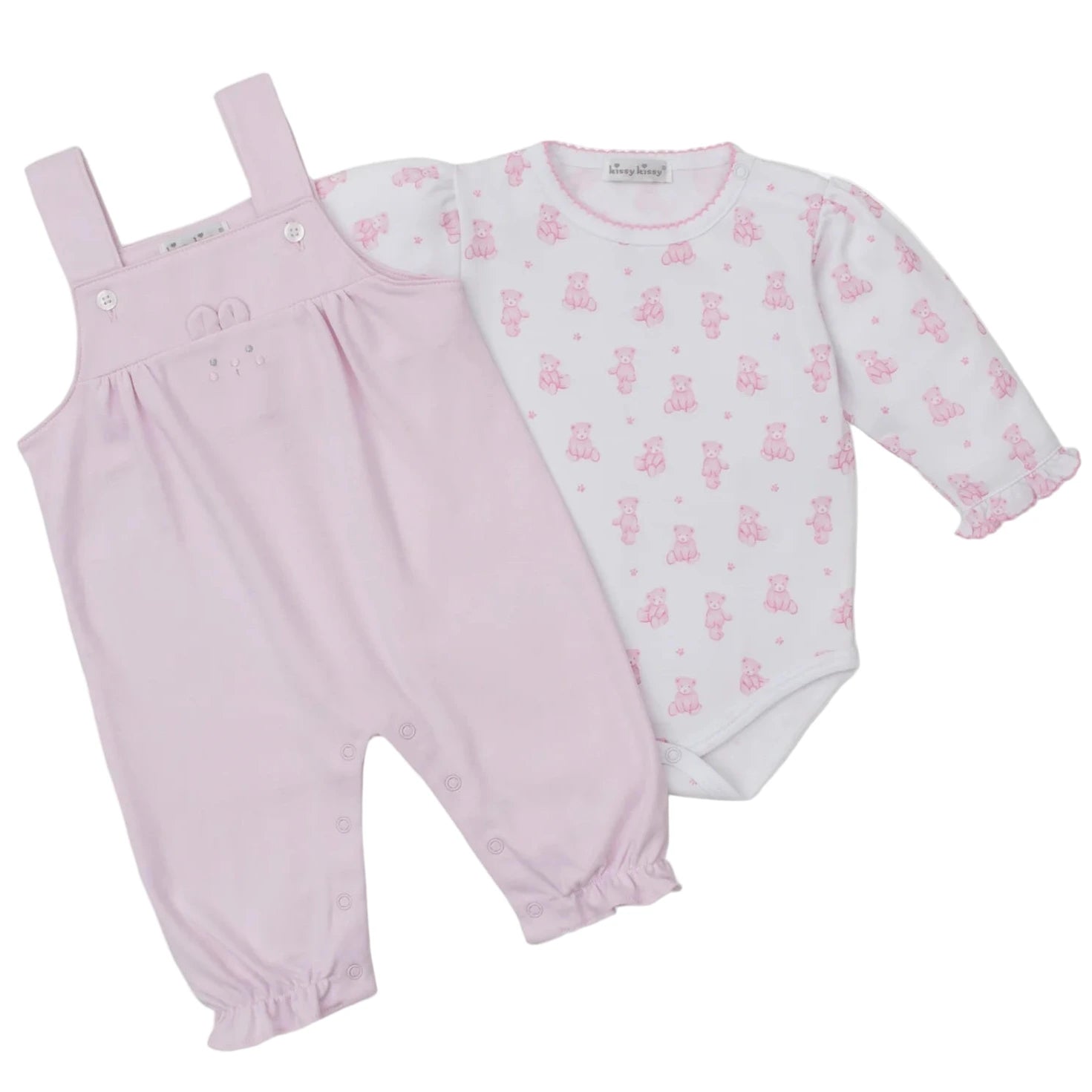 The Kissy Kissy Baby Teddy Bear Time Overall Set pairs a pink romper with shoulder straps and a white Pima cotton bodysuit adorned with a cute pink teddy bear print.