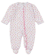 The Kissy Kissy Baby Girls' Sea Shell Magic Zip Footie is a white, long-sleeve Pima cotton onesie with playful pink and purple sea shell print, starfish details, and pink ruffle trim.