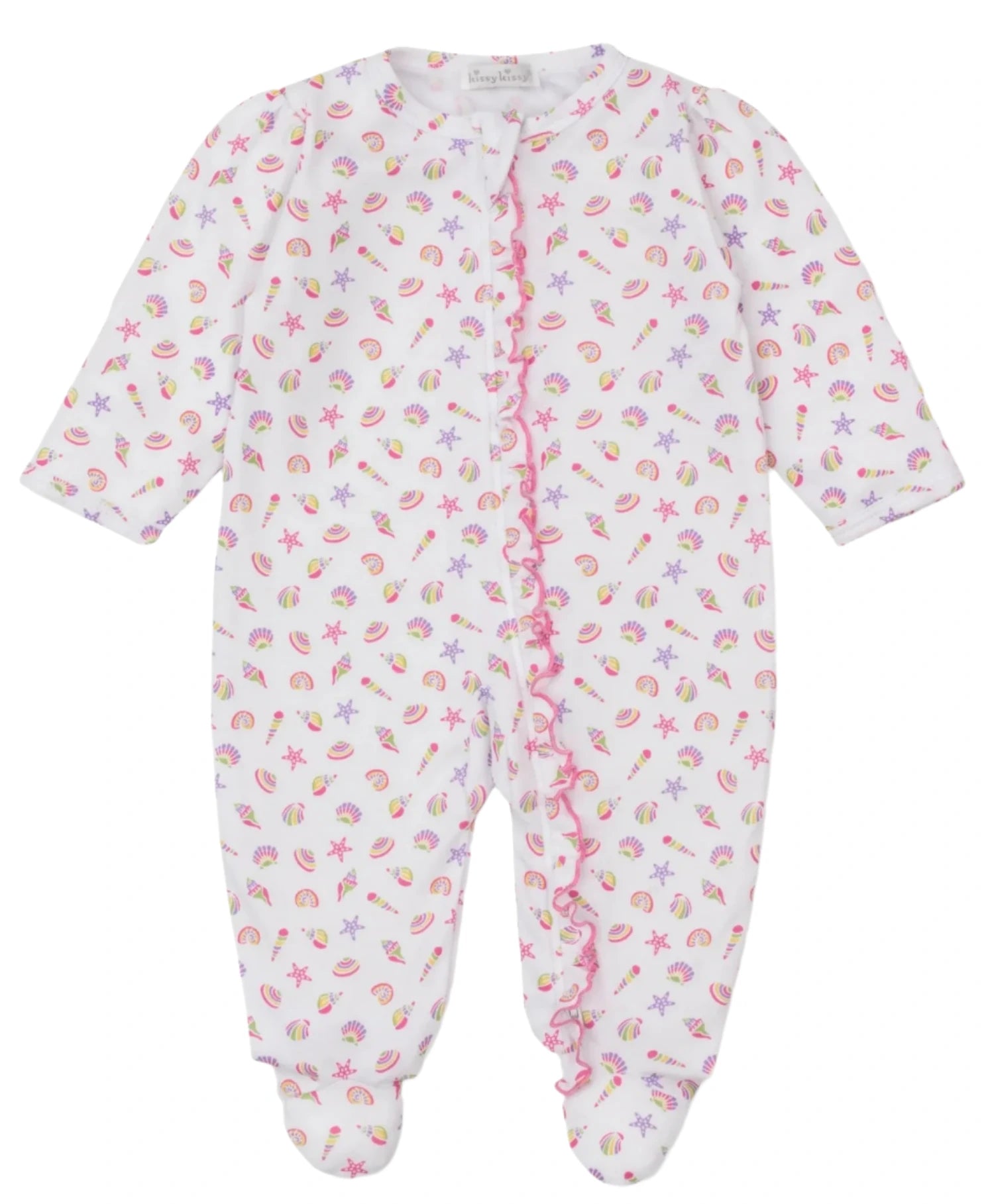 The Kissy Kissy Baby Girls' Sea Shell Magic Zip Footie is a white, long-sleeve Pima cotton onesie with playful pink and purple sea shell print, starfish details, and pink ruffle trim.