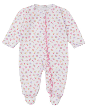 The Kissy Kissy Baby Girls' Sea Shell Magic Zip Footie is a white, long-sleeve Pima cotton onesie with playful pink and purple sea shell print, starfish details, and pink ruffle trim.
