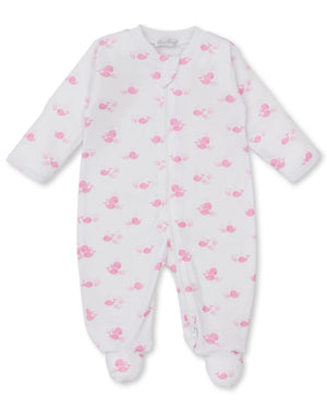 The Baby Whale Wonder Printed Footie by Kissy Kissy is a soft Pima cotton infant onesie with long sleeves, a cute whale print, front zipper closure, and comfy zippered footie design.