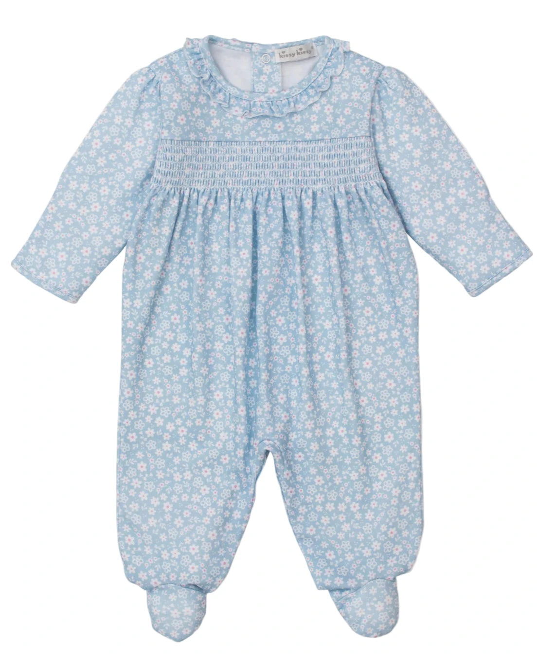 The Kissy Kissy Baby Girls' Fall in Bloom Printed Smocked Footie features a light blue floral print, smocked chest, ruffled collar, and covered feet, all crafted from soft Pima cotton and shown laid flat on a white background.