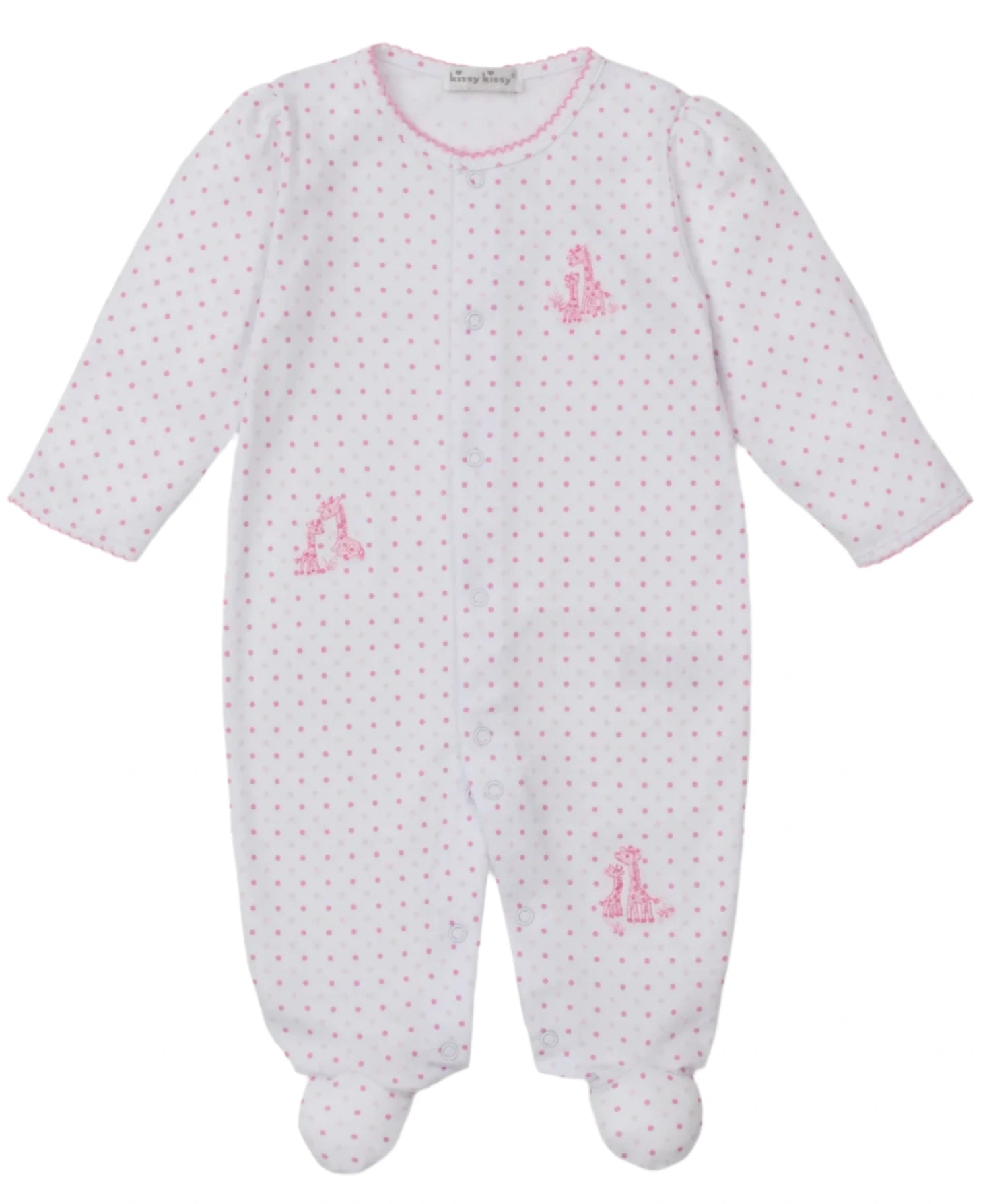 The Kissy Kissy Baby' Giraffe Grace Dotted Footie features long sleeves, cute pink polka dots, and adorable giraffe designs on the chest and leg—a cozy, stylish sleepsuit for your baby.