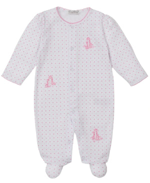 The Kissy Kissy Baby' Giraffe Grace Dotted Footie features long sleeves, cute pink polka dots, and adorable giraffe designs on the chest and leg—a cozy, stylish sleepsuit for your baby.
