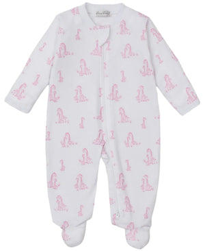 The Kissy Kissy Baby' Giraffe Grace Zip Footie features a front zipper, long sleeves, and footed legs with a playful pink giraffe print on soft Pima cotton—perfect for your little one.