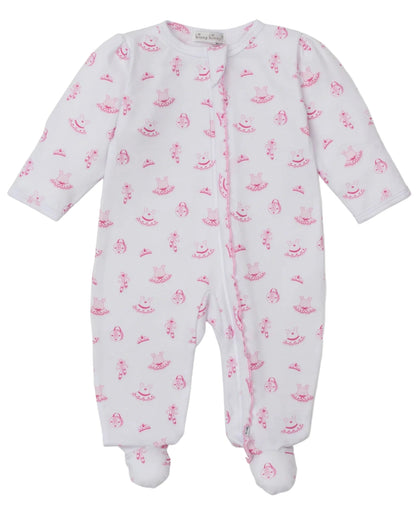The Kissy Kissy Baby Girls' Ready to Dance Zip Footie is a white long-sleeve Pima cotton footie with footed legs, featuring a pink smiling face and sun pattern, shown laid flat on a white background.