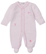 The Kissy Kissy Baby Girls' Ready to Dance Striped Footie features soft Pima cotton, long sleeves, footed bottoms, front snap buttons, scalloped trim, and three pink embroidered animal designs.