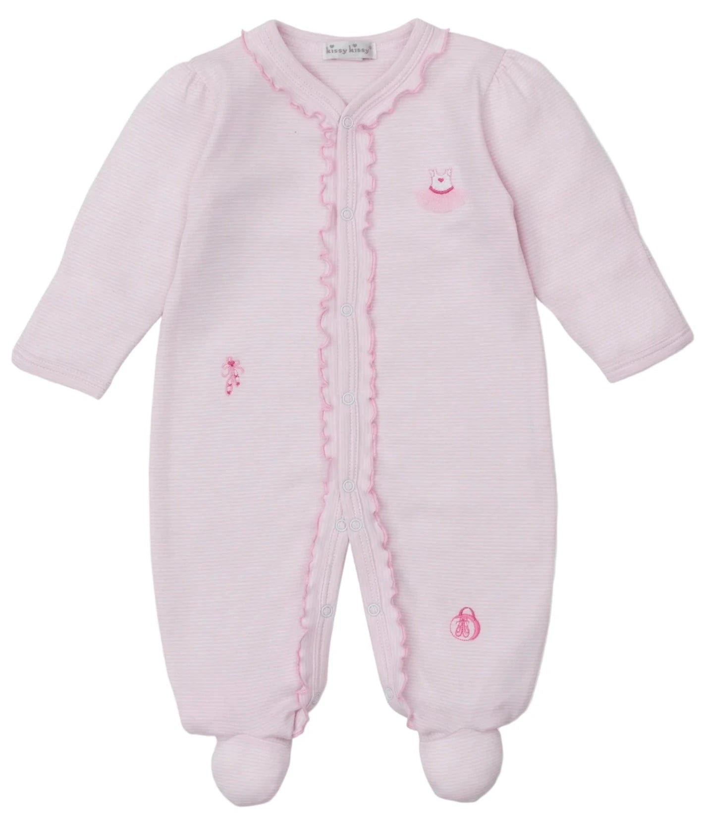 The Kissy Kissy Baby Girls' Ready to Dance Striped Footie features soft Pima cotton, long sleeves, footed bottoms, front snap buttons, scalloped trim, and three pink embroidered animal designs.