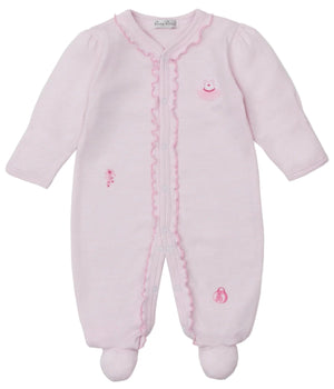 The Kissy Kissy Baby Girls' Ready to Dance Striped Footie features soft Pima cotton, long sleeves, footed bottoms, front snap buttons, scalloped trim, and three pink embroidered animal designs.