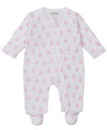 The Kissy Kissy Baby Teddy Bear Time Printed Zip Footie features pure white Pima cotton, long sleeves, covered feet, and a cute pink teddy bear print—combining comfort with adorable style.