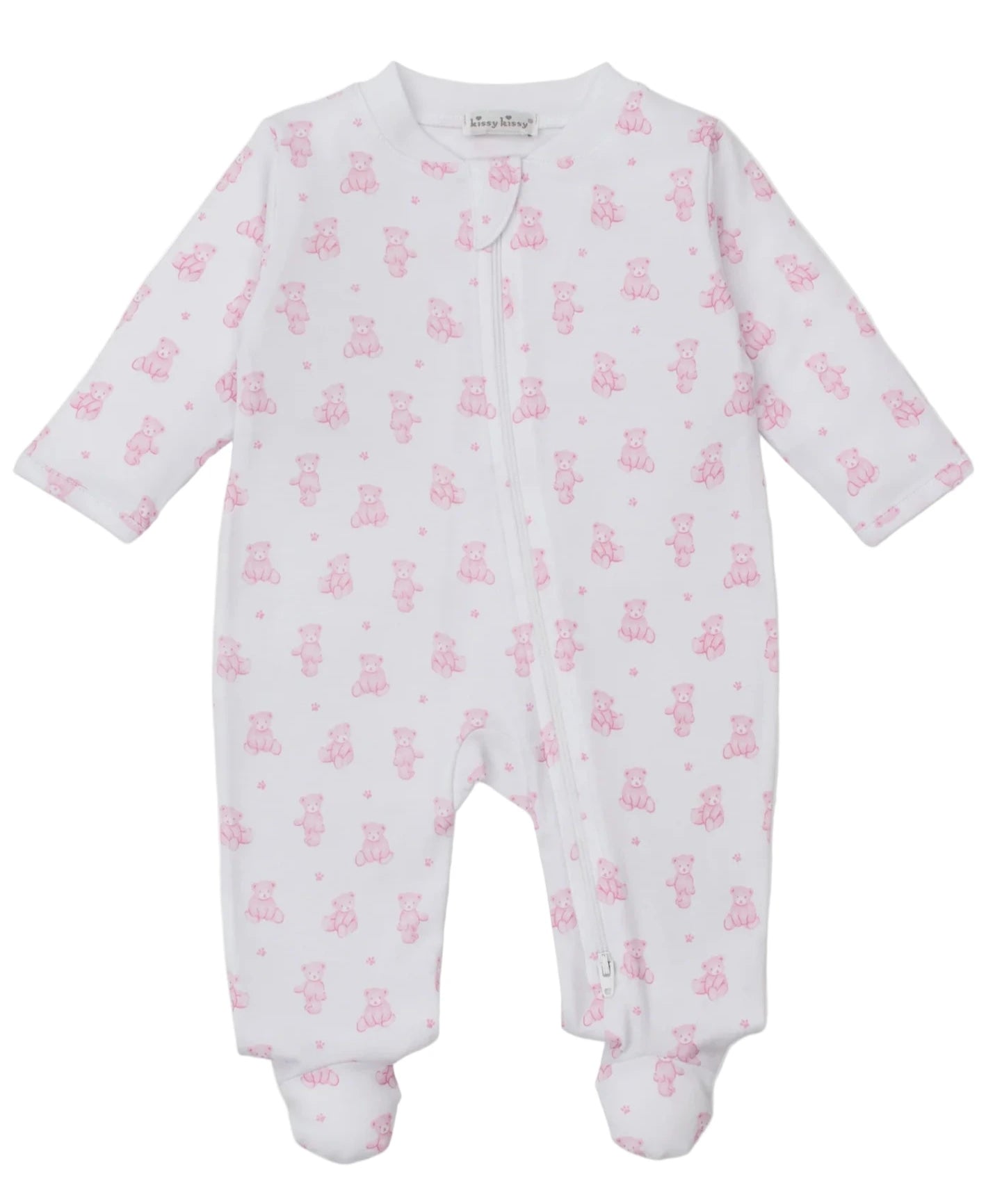 The Kissy Kissy Baby Teddy Bear Time Printed Zip Footie features pure white Pima cotton, long sleeves, covered feet, and a cute pink teddy bear print—combining comfort with adorable style.