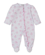 Kissy Kissy Baby Sweet Sheep Zip Footie in white Pima cotton, featuring pink floral patterns, a zip closure down the front, and covered feet. Displayed flat on a white background.