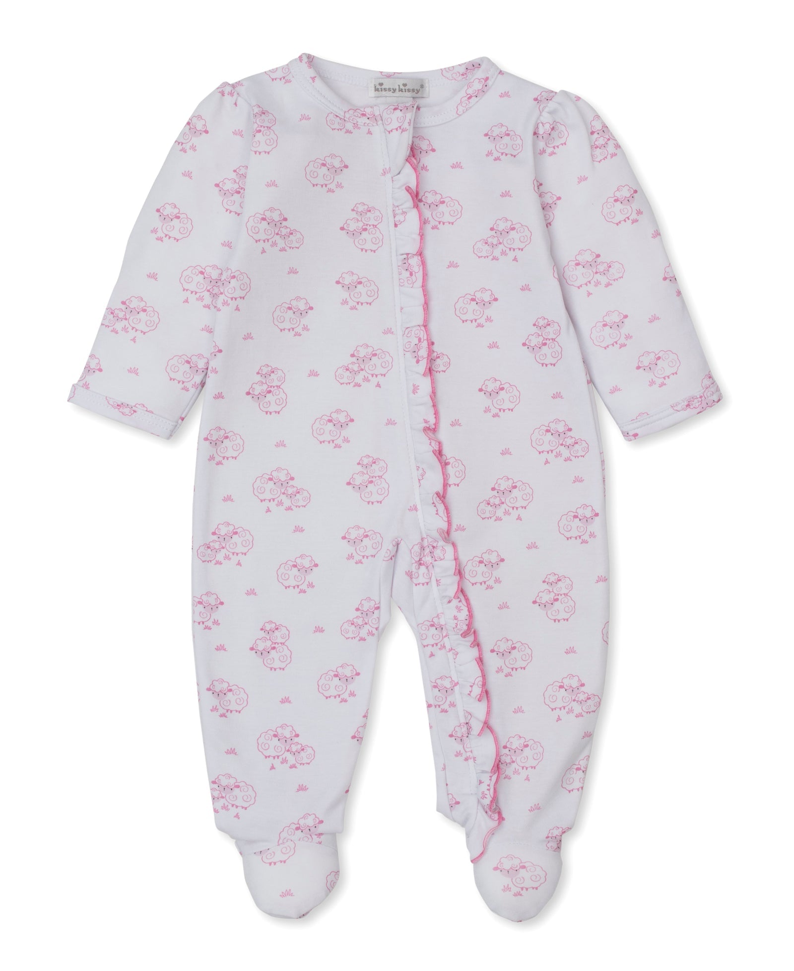 Kissy Kissy Baby Sweet Sheep Zip Footie in white Pima cotton, featuring pink floral patterns, a zip closure down the front, and covered feet. Displayed flat on a white background.