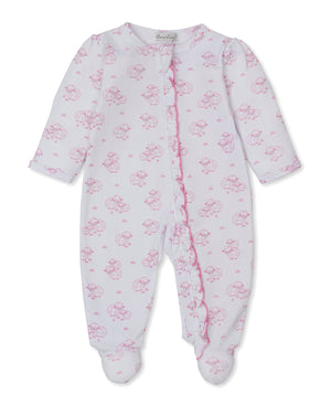 Kissy Kissy Baby Sweet Sheep Zip Footie in white Pima cotton, featuring pink floral patterns, a zip closure down the front, and covered feet. Displayed flat on a white background.