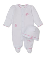 Dress your little one in ultimate comfort with the Kissy Kissy Baby Sweet Sheep Footie with Hat Set. This adorable white baby set features a cozy footed onesie and a matching hat, both adorned with pink stitching along the edges and charming pink embroidered sheep details. Crafted from soft Pima cotton, it's a perfect footie and hat set for your baby.