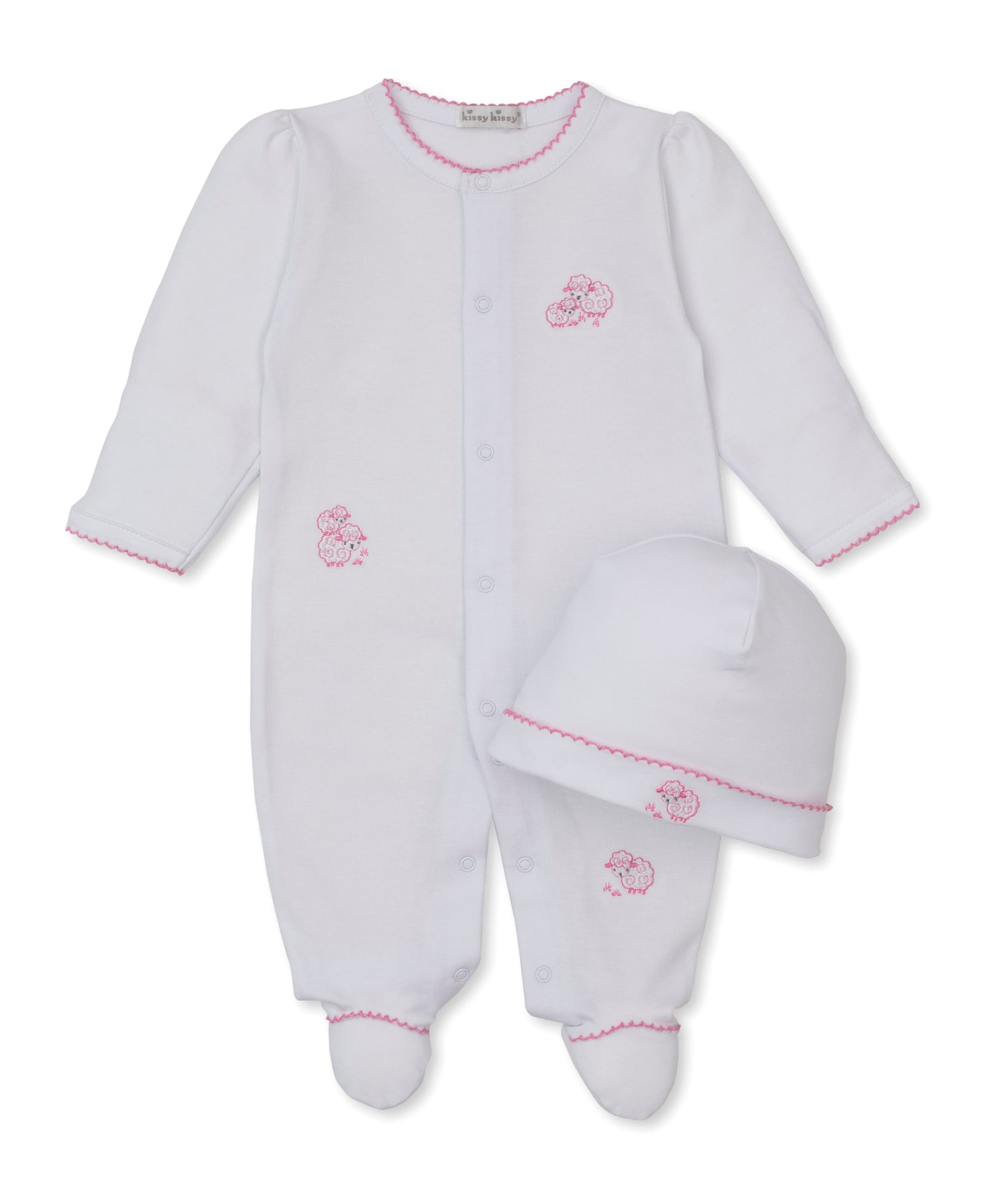 Dress your little one in ultimate comfort with the Kissy Kissy Baby Sweet Sheep Footie with Hat Set. This adorable white baby set features a cozy footed onesie and a matching hat, both adorned with pink stitching along the edges and charming pink embroidered sheep details. Crafted from soft Pima cotton, it's a perfect footie and hat set for your baby.