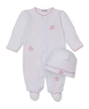 Dress your little one in ultimate comfort with the Kissy Kissy Baby Sweet Sheep Footie with Hat Set. This adorable white baby set features a cozy footed onesie and a matching hat, both adorned with pink stitching along the edges and charming pink embroidered sheep details. Crafted from soft Pima cotton, it's a perfect footie and hat set for your baby.