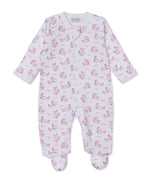 The Kissy Kissy Baby Whale Pods Zip Footie is a white long-sleeve zippered sleeper, adorned with a playful pink and blue whale print. This cozy baby pajama is designed for all-night comfort.