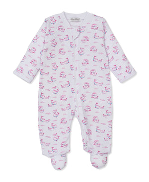 The Kissy Kissy Baby Whale Pods Zip Footie is a white long-sleeve zippered sleeper, adorned with a playful pink and blue whale print. This cozy baby pajama is designed for all-night comfort.