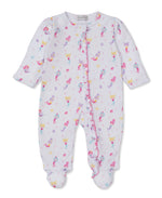 The Kissy Kissy Baby Girls' Underwater Mermaids Zip Footie is crafted from soft Pima cotton and showcases a delightful mermaid print with pink and purple starfish and seahorses. It features a convenient front zipper closure and delicate ruffle detailing along the zipper.