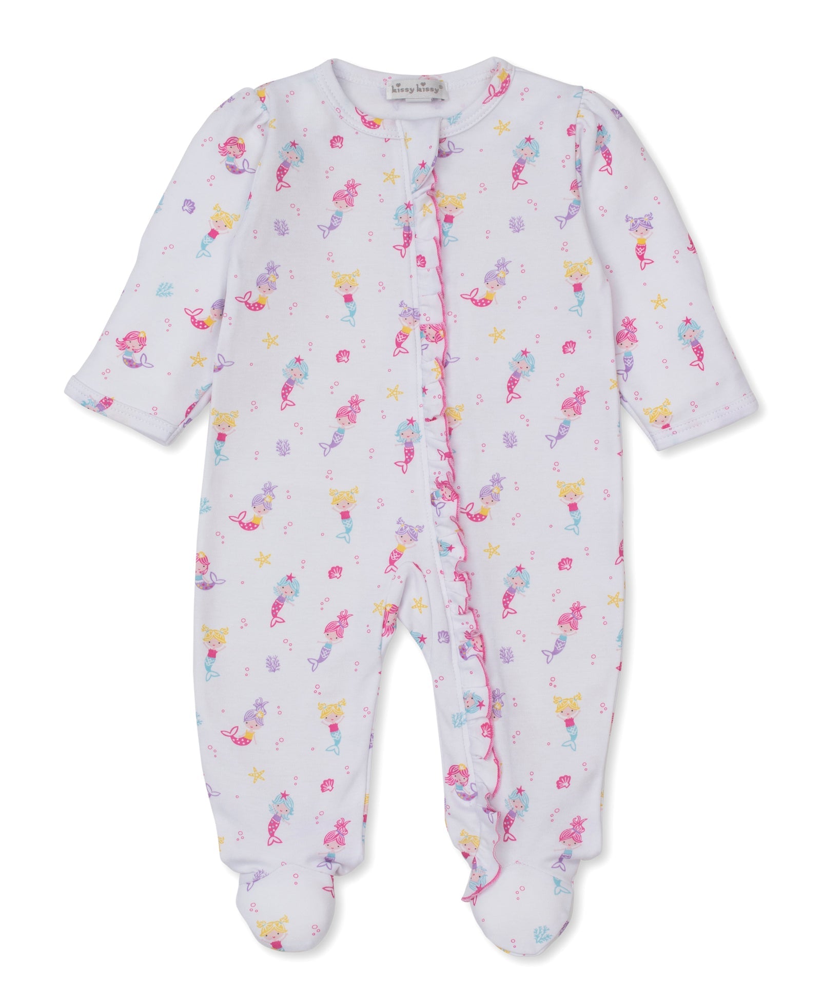 The Kissy Kissy Baby Girls' Underwater Mermaids Zip Footie is crafted from soft Pima cotton and showcases a delightful mermaid print with pink and purple starfish and seahorses. It features a convenient front zipper closure and delicate ruffle detailing along the zipper.