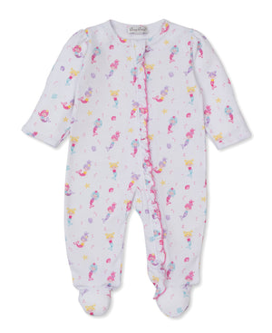 The Kissy Kissy Baby Girls' Underwater Mermaids Zip Footie is crafted from soft Pima cotton and showcases a delightful mermaid print with pink and purple starfish and seahorses. It features a convenient front zipper closure and delicate ruffle detailing along the zipper.