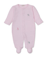 Introducing the Baby SCE Safari Party Striped Footie by Kissy Kissy—a light pink, long-sleeve onesie crafted from soft Peruvian cotton and finished with delicate hand-embroidered safari animals, including a giraffe, elephant, and cheetah, on the front.