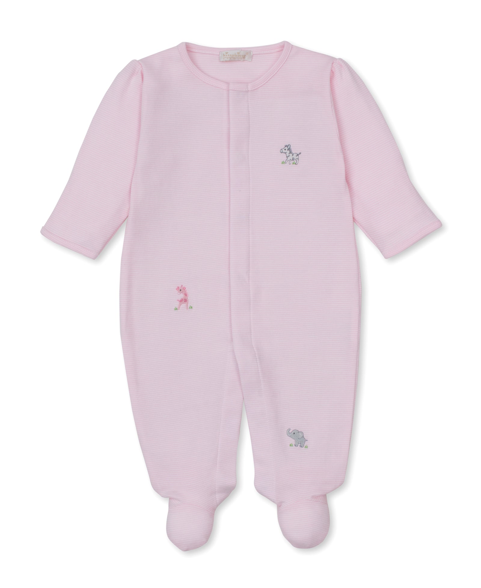 Introducing the Baby SCE Safari Party Striped Footie by Kissy Kissy—a light pink, long-sleeve onesie crafted from soft Peruvian cotton and finished with delicate hand-embroidered safari animals, including a giraffe, elephant, and cheetah, on the front.