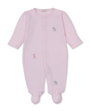 Introducing the Baby SCE Safari Party Striped Footie by Kissy Kissy—a light pink, long-sleeve onesie crafted from soft Peruvian cotton and finished with delicate hand-embroidered safari animals, including a giraffe, elephant, and cheetah, on the front.