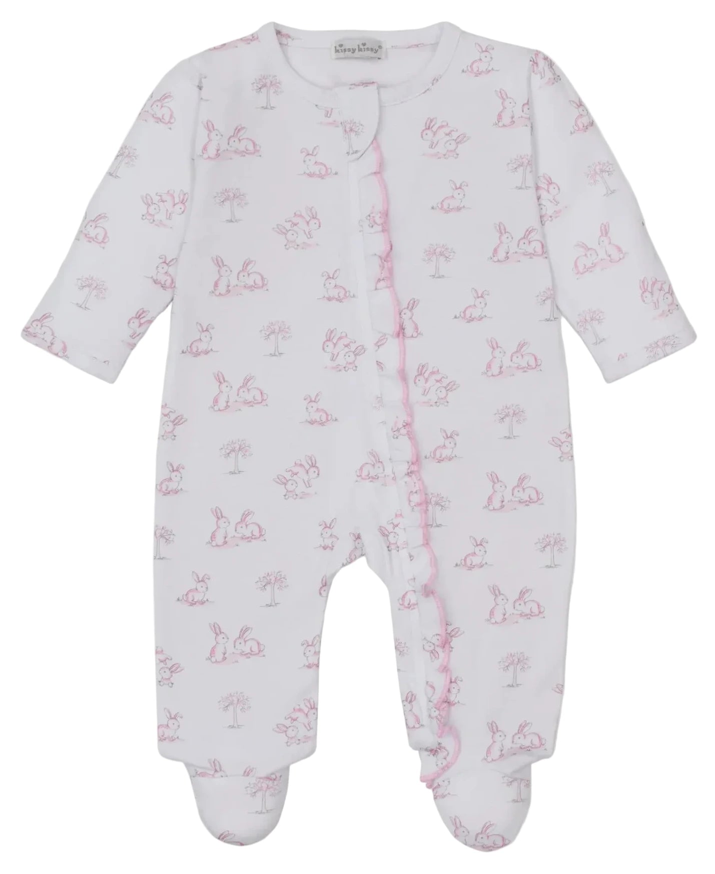 The Kissy Kissy Baby Springtime Bunny Fun Zip Footie features long sleeves, a zip front, pink trim, and an all-over bunny and tree print.