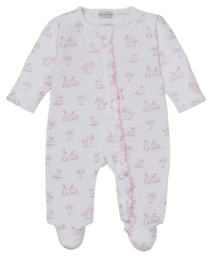 The Kissy Kissy Baby Springtime Bunny Fun Zip Footie features long sleeves, a zip front, pink trim, and an all-over bunny and tree print.