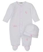 The Kissy Kissy Baby Springtime Bunny Fun Footie & Hat Set features a Pima cotton footie with pink stitching, snap closures, pink bunny prints, and a matching white hat with pink trim.