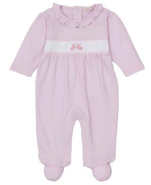 The Kissy Kissy Baby Premier Springtime Bunny Fun Hand Emb. Footie features a light pink design, long sleeves, ruffled collar, and an embroidered bunny on a white chest panel from the Springtime Bunny Collection.