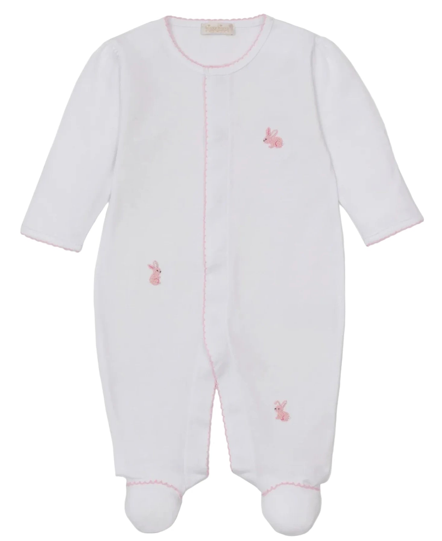The Kissy Kissy Baby Premier Springtime Bunny Fun Hand Emb. Footie is made from soft Peruvian cotton with white long sleeves, pink trim, and hand-embroidered pink bunnies and snails on the chest and legs.