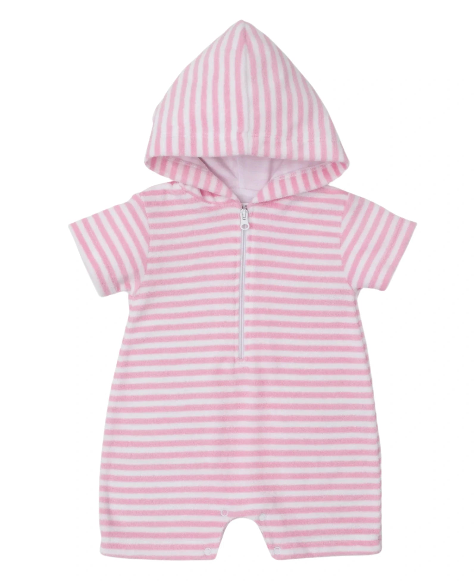 The Kissy Kissy Baby Cabana Terry Stripes Romper features pink and white stripes, a hood, short sleeves, front zipper, and is made from soft Pima cotton—ideal for keeping your baby comfy all summer long. Laid flat on a white background.