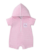 The Kissy Kissy Baby Girls’ Whale Pods Terry Striped Romper features pink and white stripes, short sleeves, a cozy hooded one-piece design, front zipper closure, and a small embroidered whale patch on the chest.