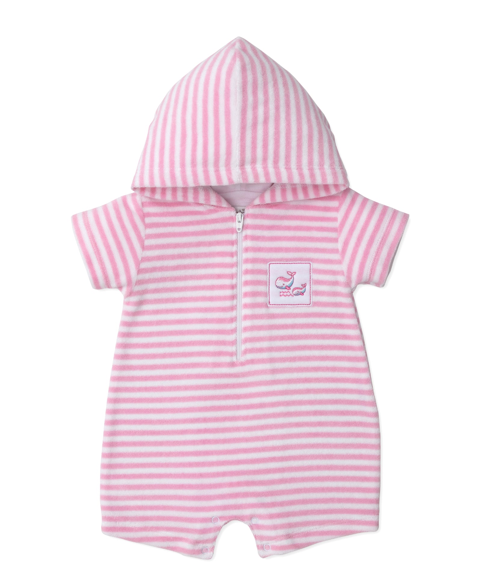 The Kissy Kissy Baby Girls’ Whale Pods Terry Striped Romper features pink and white stripes, short sleeves, a cozy hooded one-piece design, front zipper closure, and a small embroidered whale patch on the chest.