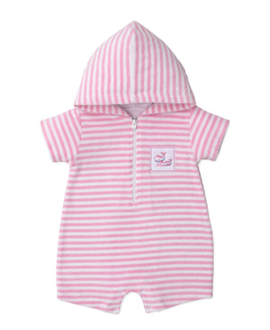 The Kissy Kissy Baby Girls’ Whale Pods Terry Striped Romper features pink and white stripes, short sleeves, a cozy hooded one-piece design, front zipper closure, and a small embroidered whale patch on the chest.